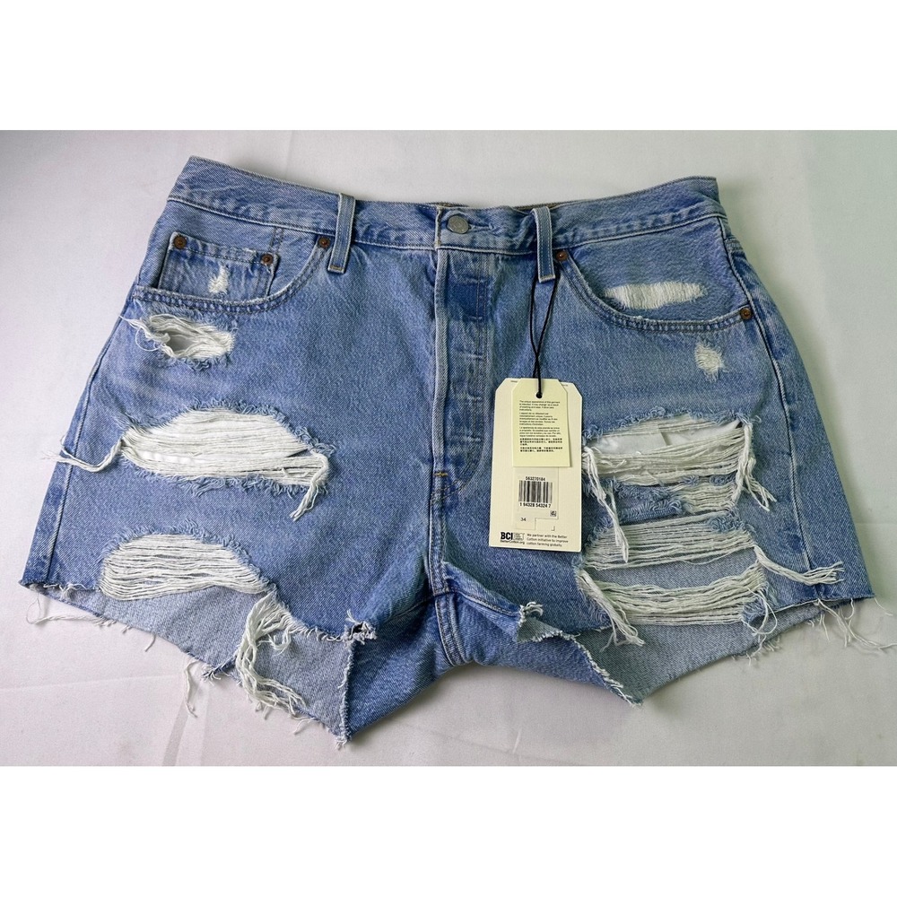 NWT Levi's Premium 501 Shorts Sz 34 Distressed Light Wash High Rise Denim Cutoff - Picture 2 of 16